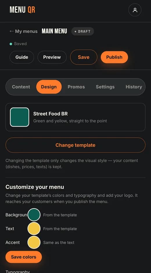 Menu editor with content, design, promos, settings and history tabs