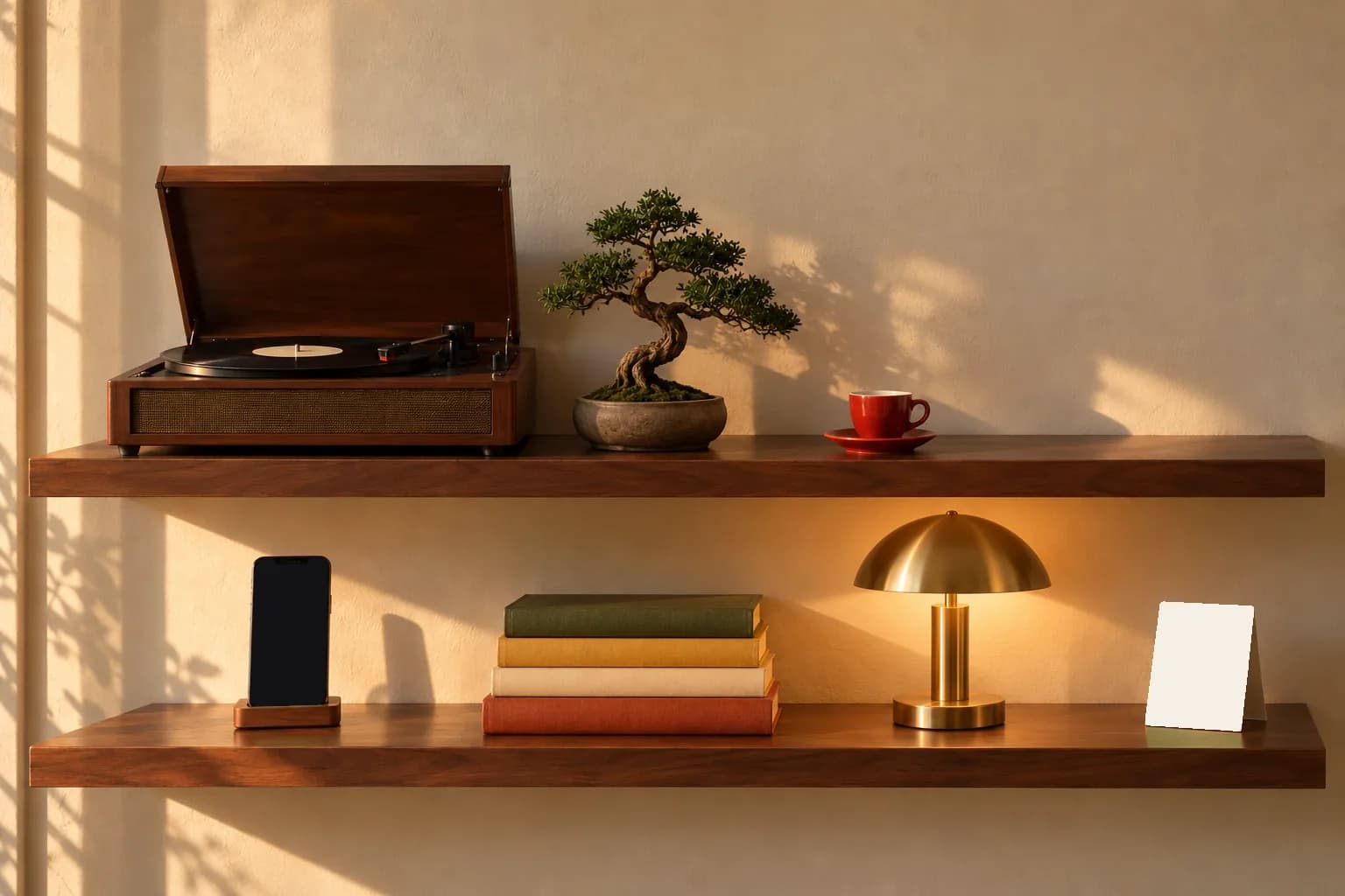 A walnut wall shelf with a record player, a bonsai, a coffee cup, a phone, books, a brass lamp and a table card